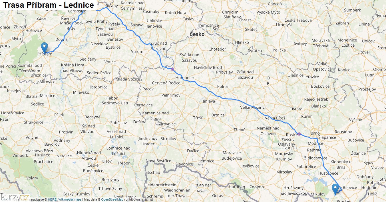 Příbram-Lednice, mapa trasy