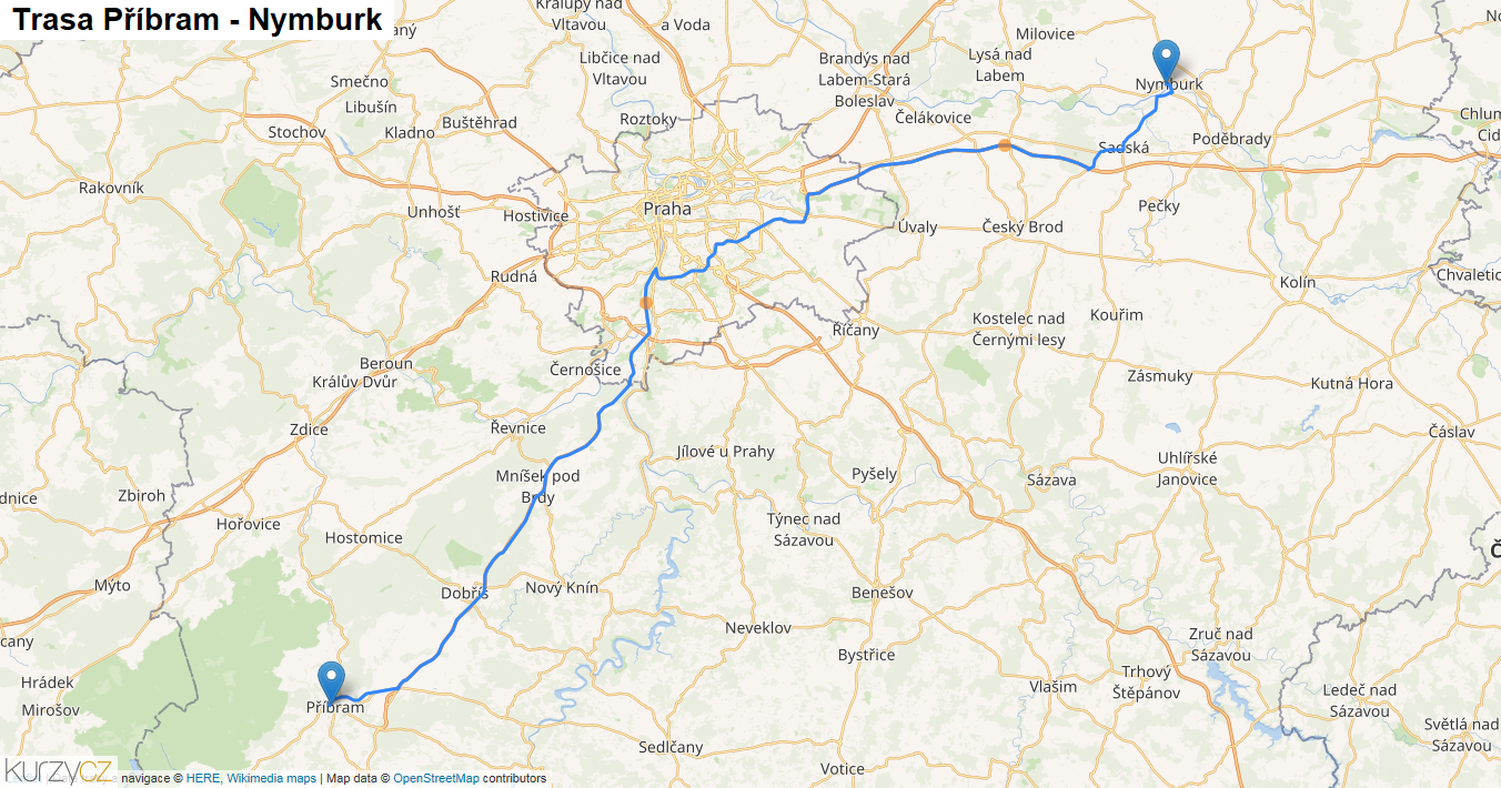 Příbram-Nymburk, mapa trasy