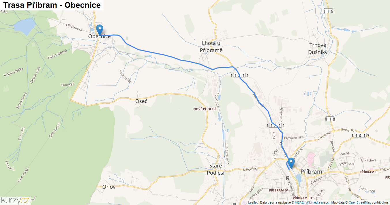 Příbram-Obecnice, mapa trasy