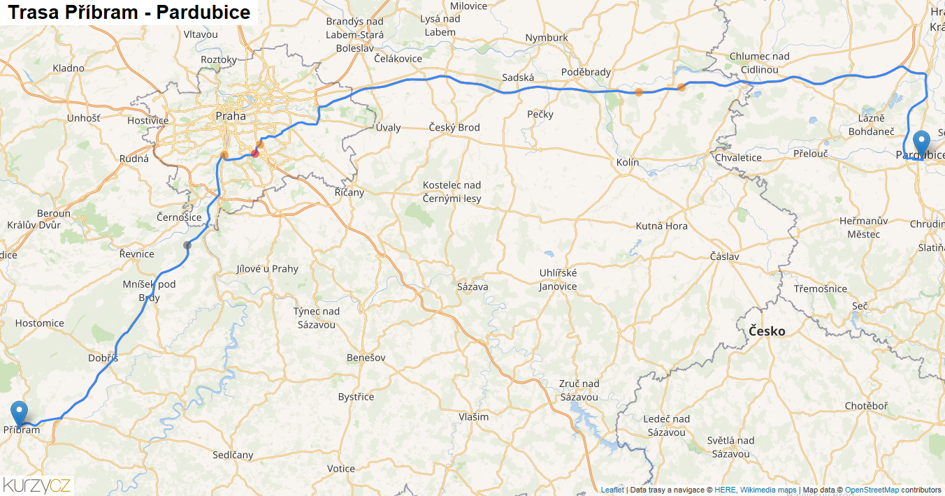 Příbram-Pardubice, mapa trasy