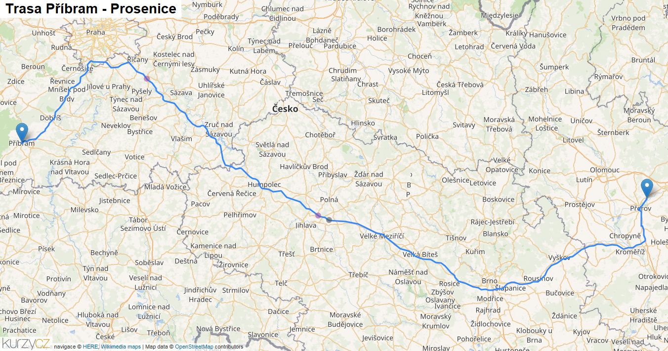 Příbram-Prosenice, mapa trasy