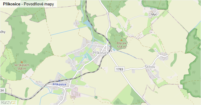 Příkosice - záplavové mapy stoleté vody