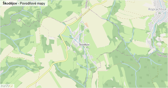 Škodějov - záplavové mapy stoleté vody