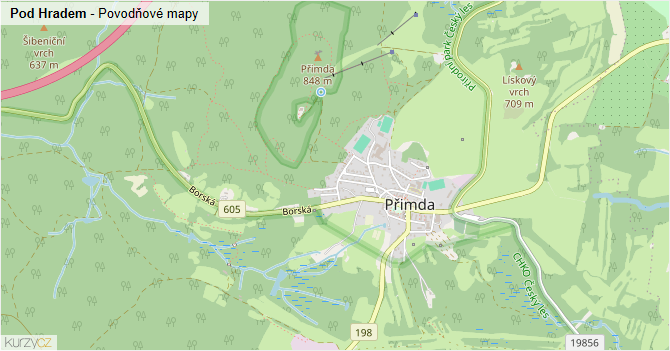 Pod Hradem - záplavové mapy stoleté vody
