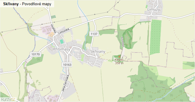 Skřivany - záplavové mapy stoleté vody