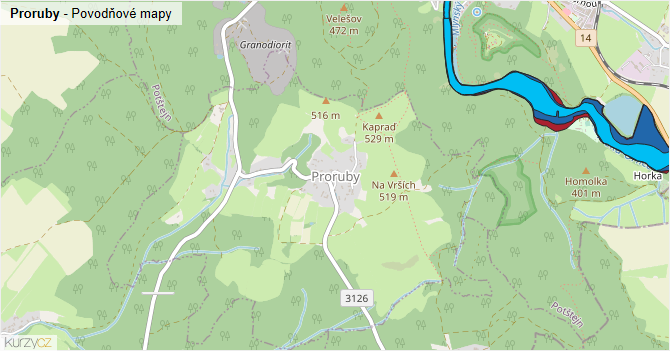 Proruby - záplavové mapy stoleté vody