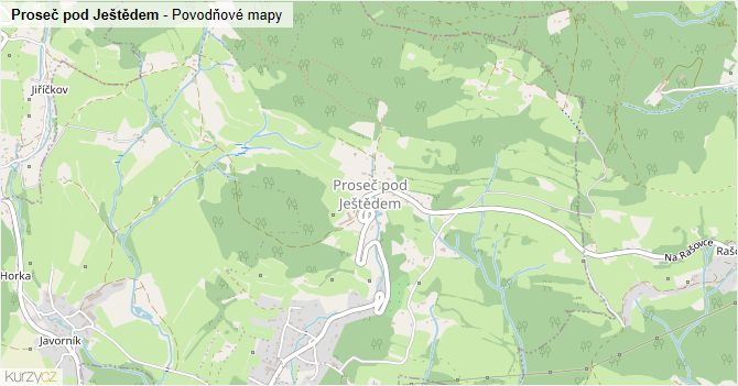 Proseč pod Ještědem - záplavové mapy stoleté vody