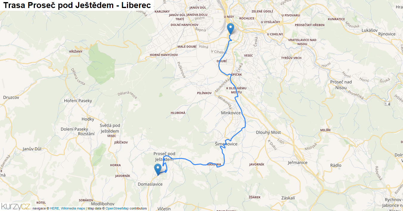 Proseč pod Ještědem-Liberec, mapa trasy