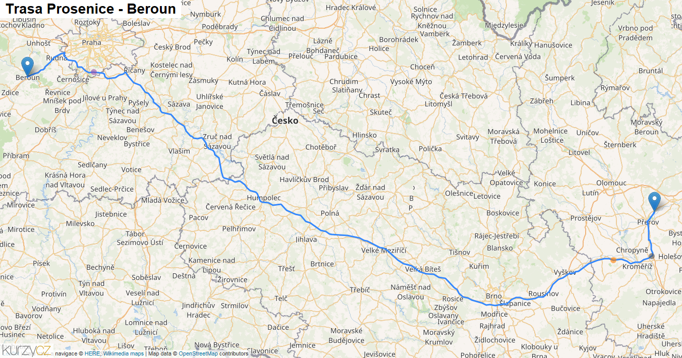 Prosenice-Beroun, mapa trasy
