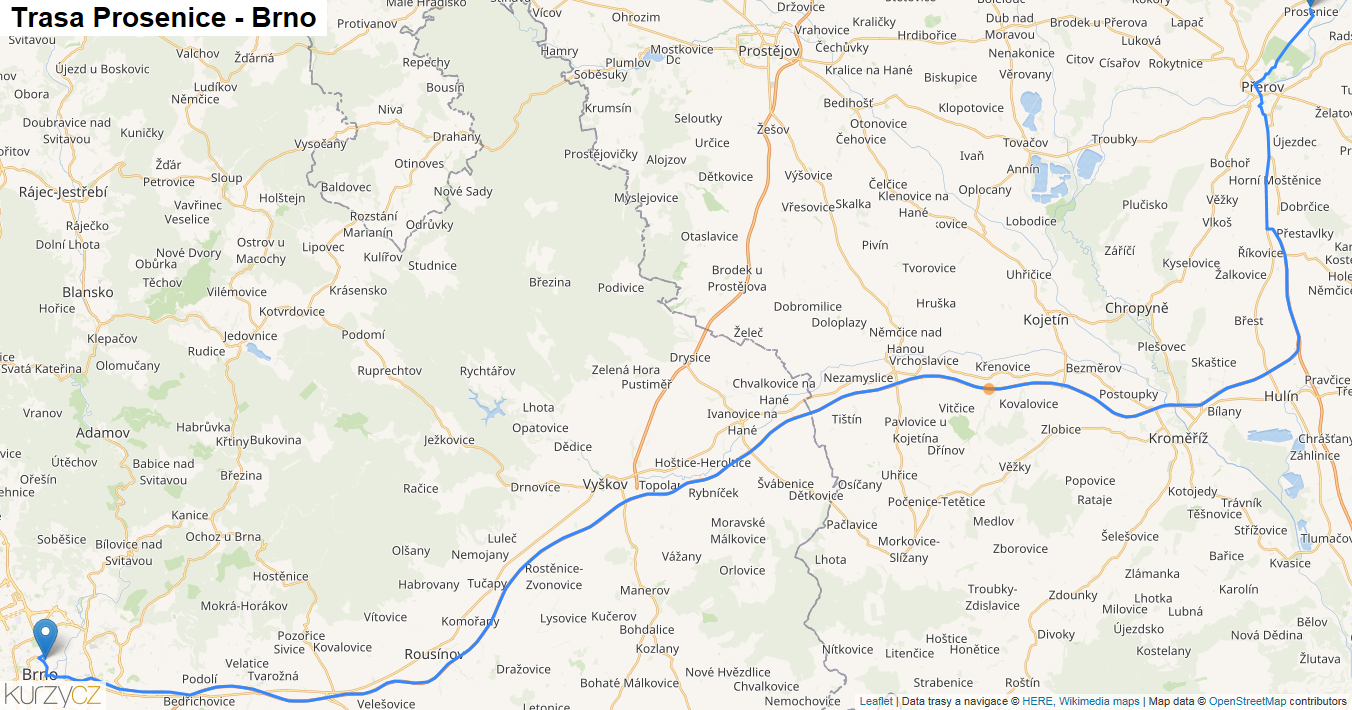 Prosenice-Brno, mapa trasy