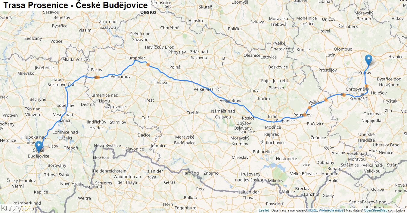 Prosenice-České Budějovice, mapa trasy
