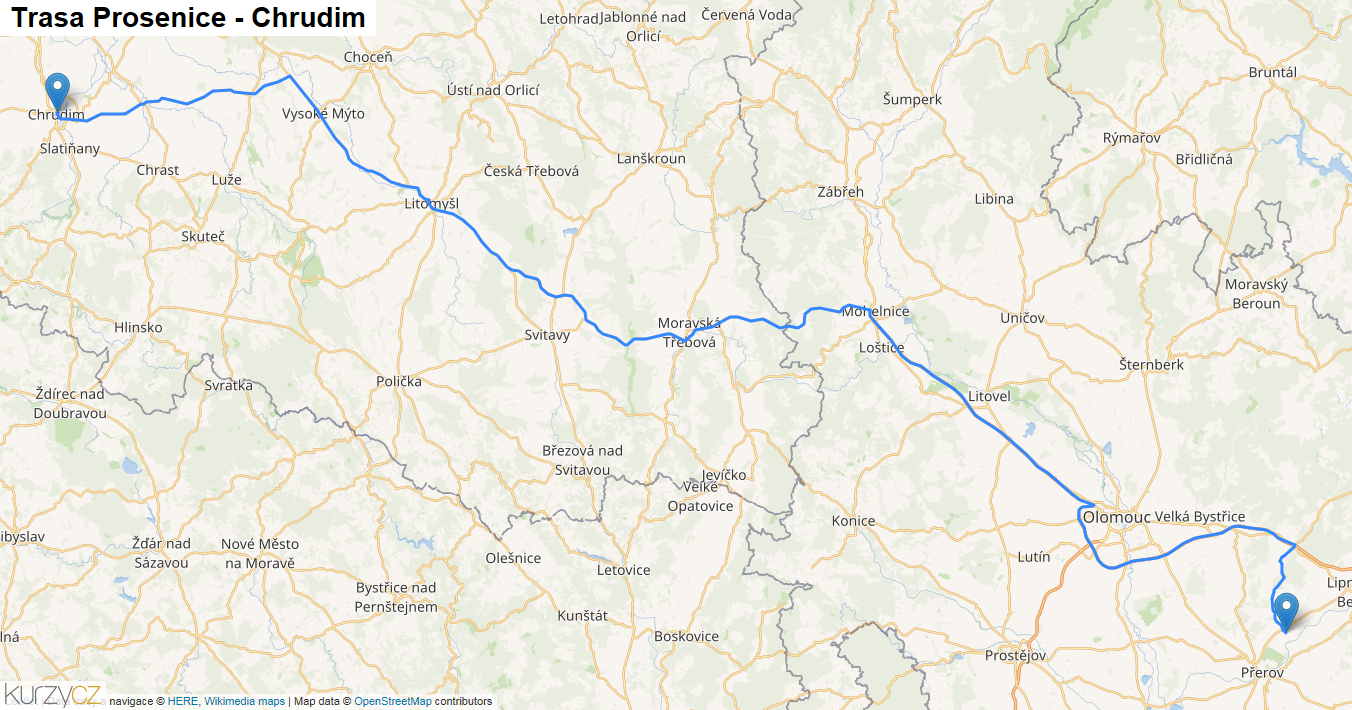 Prosenice-Chrudim, mapa trasy