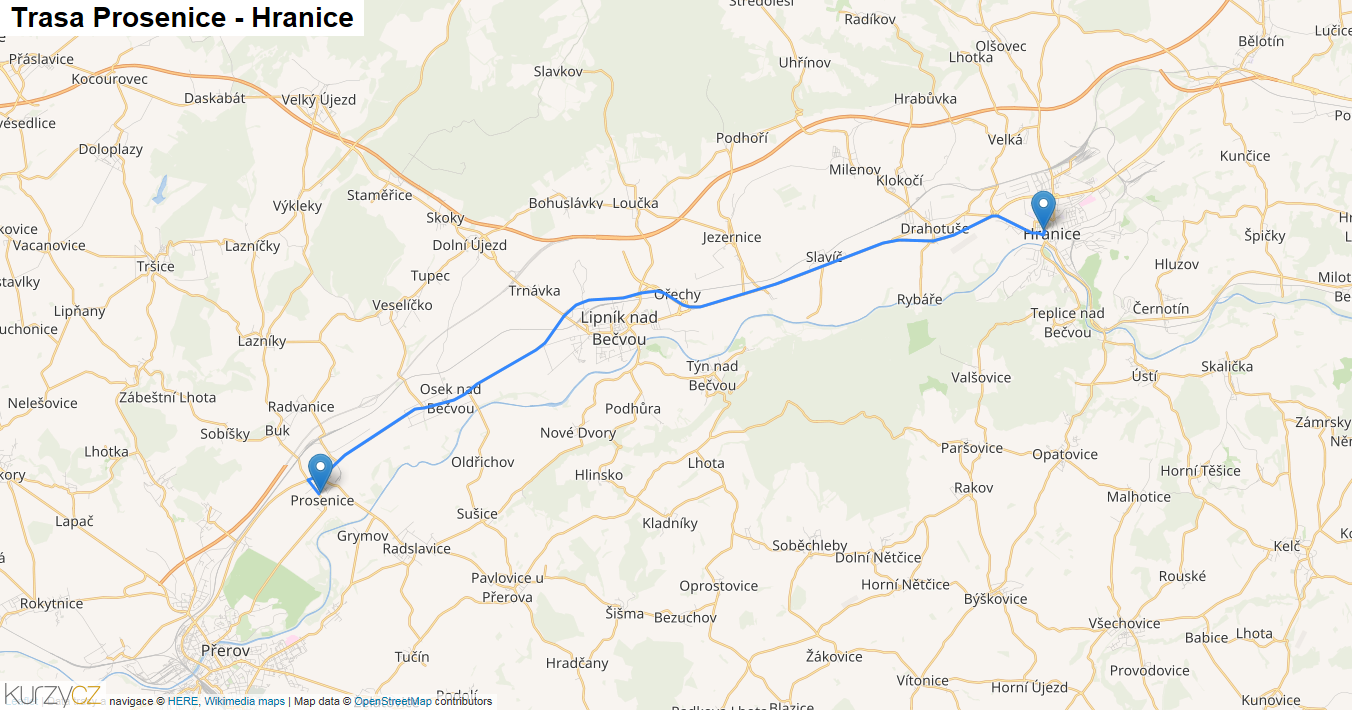 Prosenice-Hranice, mapa trasy