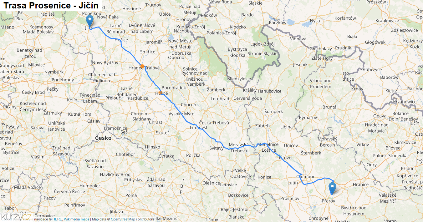 Prosenice-Jičín, mapa trasy