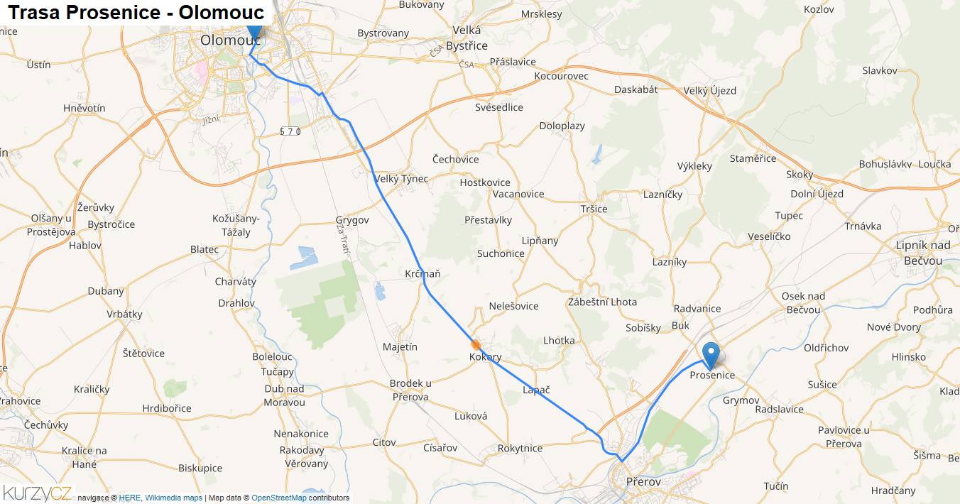 Prosenice-Olomouc, mapa trasy