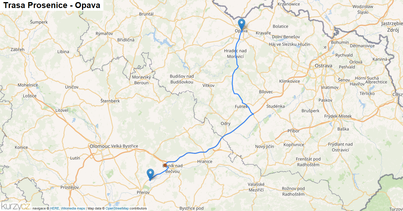 Prosenice-Opava, mapa trasy