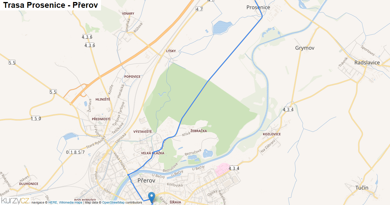 Prosenice-Přerov, mapa trasy