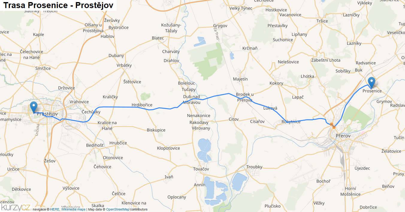 Prosenice-Prostějov, mapa trasy