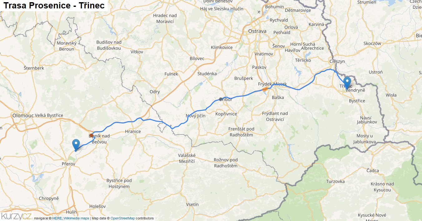 Prosenice-Třinec, mapa trasy