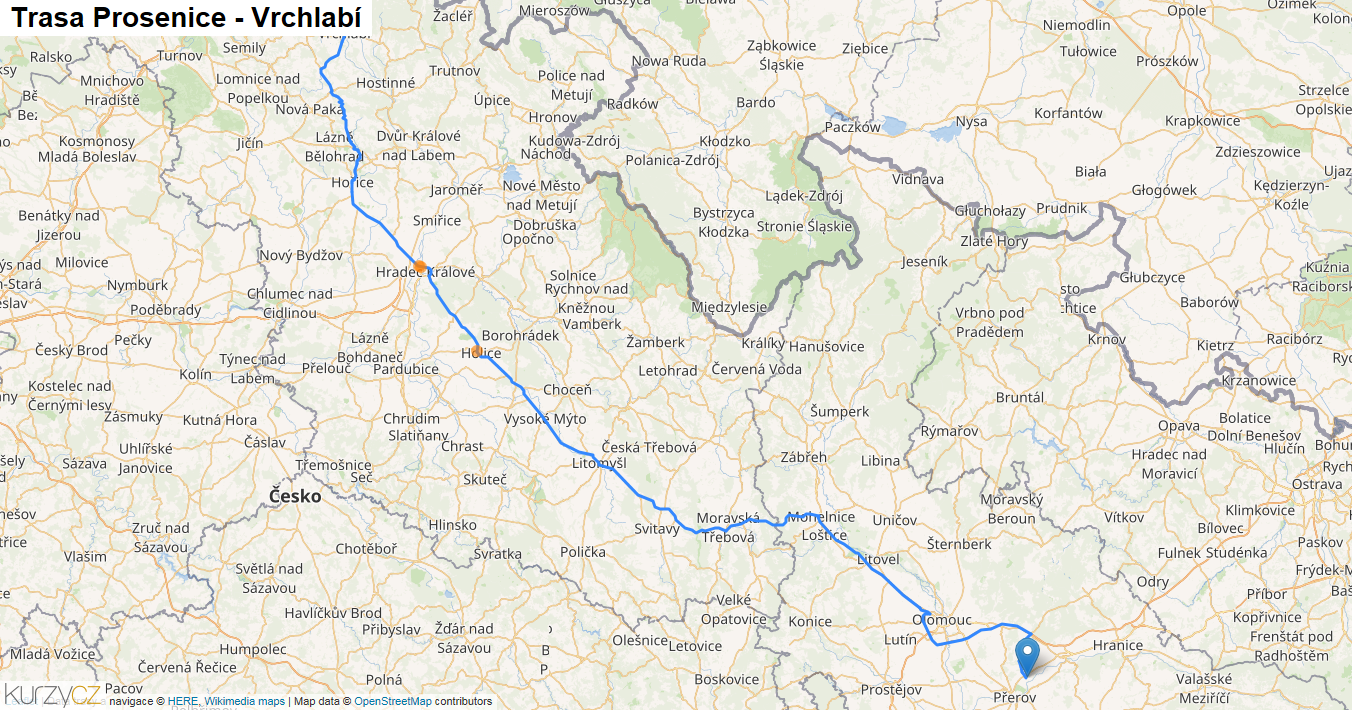 Prosenice-Vrchlabí, mapa trasy