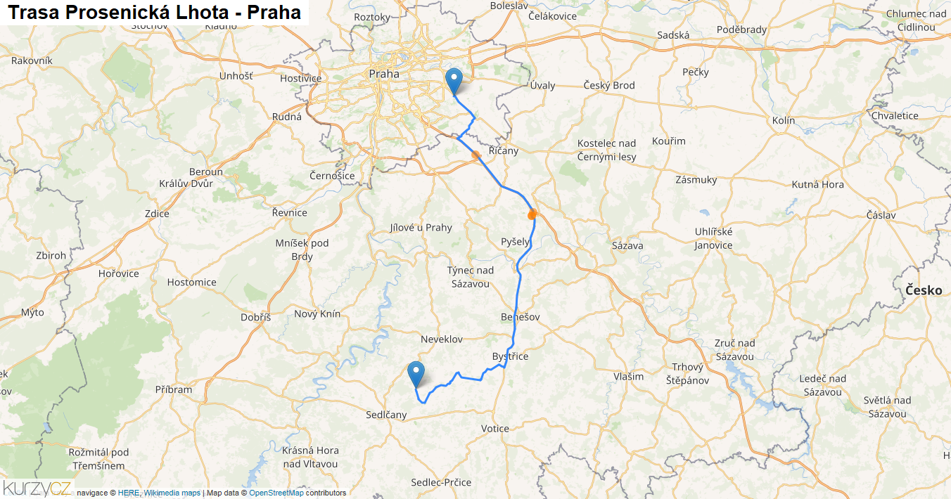 Prosenická Lhota-Praha, mapa trasy