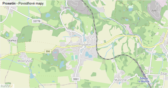 Prosetín - záplavové mapy stoleté vody
