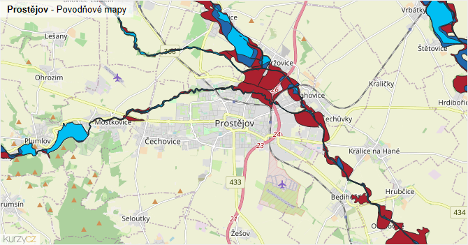 Prostějov - záplavové mapy stoleté vody