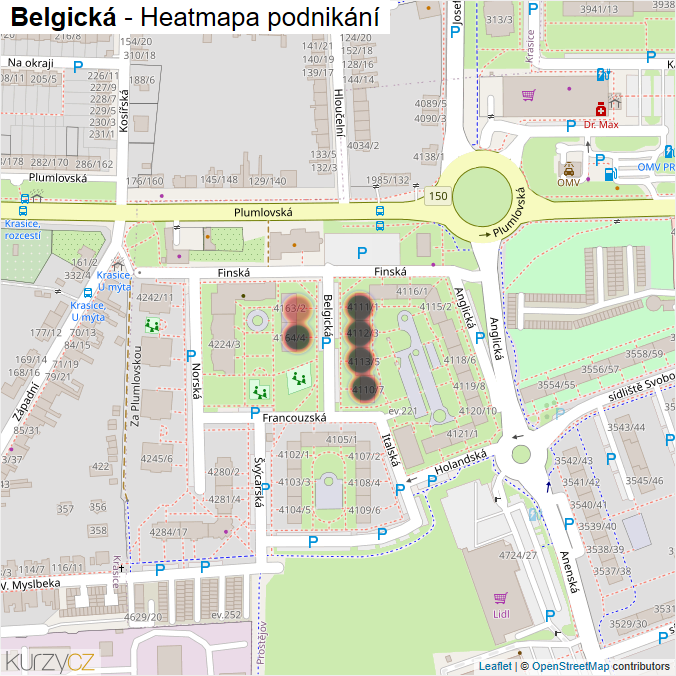 Mapa Belgická - Firmy v ulici.