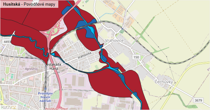 Husitská - záplavové mapy stoleté vody