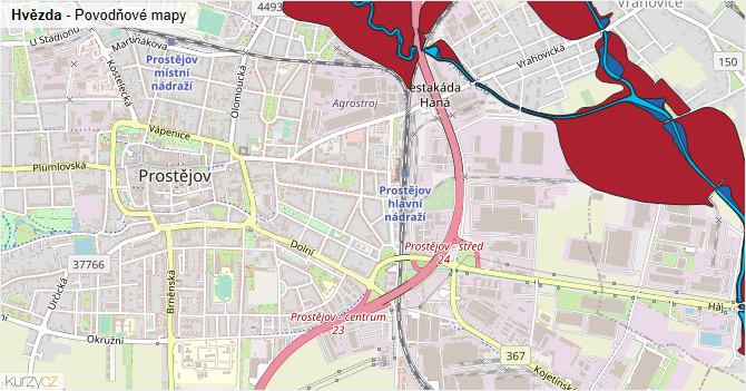 Hvězda - záplavové mapy stoleté vody