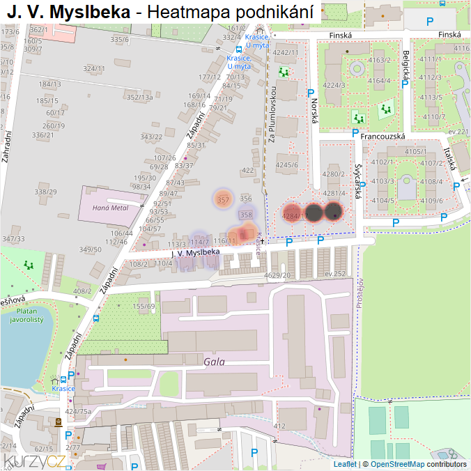 Mapa J. V. Myslbeka - Firmy v ulici.