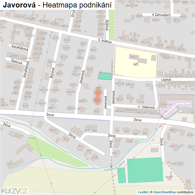 Mapa Javorová - Firmy v ulici.