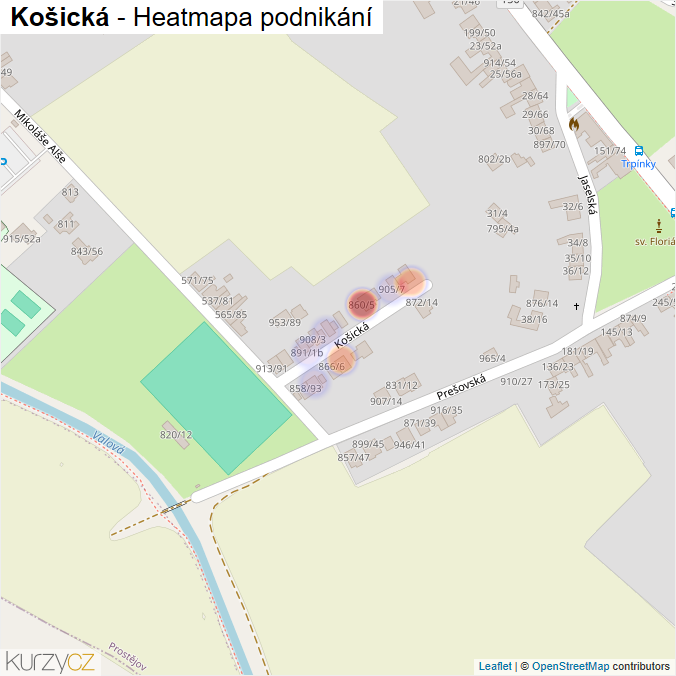Mapa Košická - Firmy v ulici.