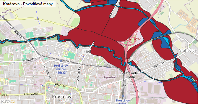 Kotěrova - záplavové mapy stoleté vody