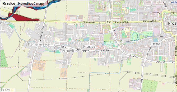 Krasice - záplavové mapy stoleté vody