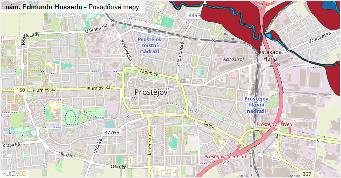 nám. Edmunda Husserla - záplavové mapy stoleté vody
