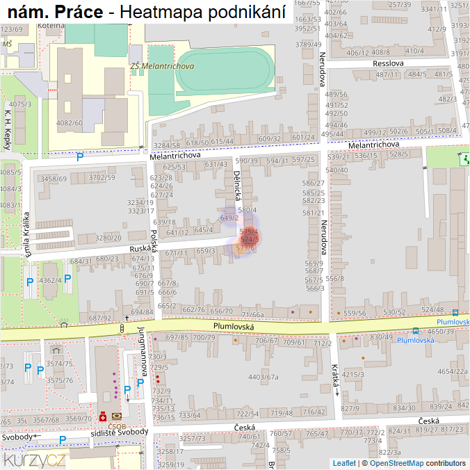 Mapa nám. Práce - Firmy v ulici.