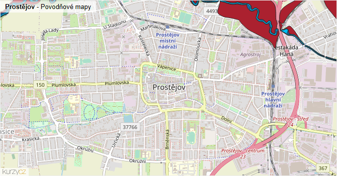 Prostějov - záplavové mapy stoleté vody