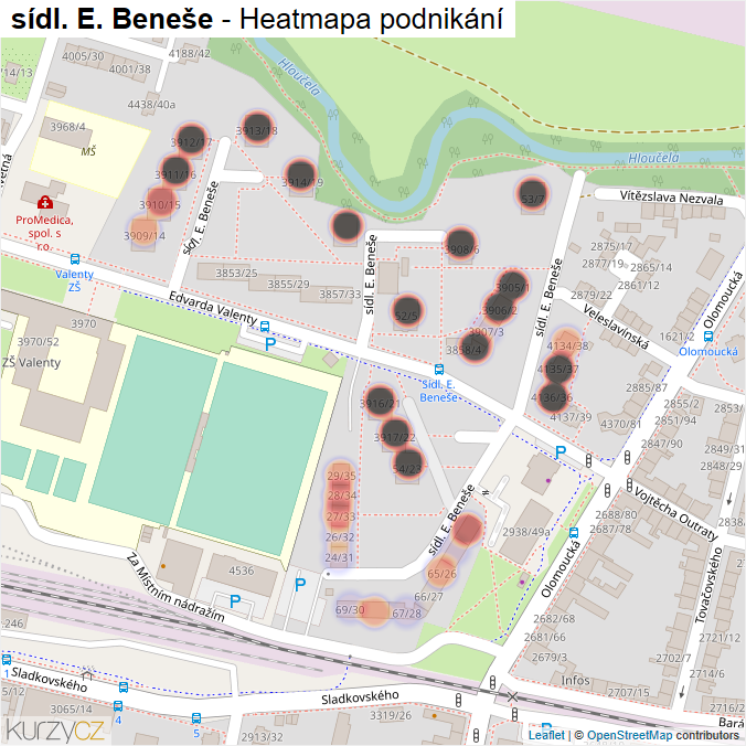 Mapa sídl. E. Beneše - Firmy v ulici.