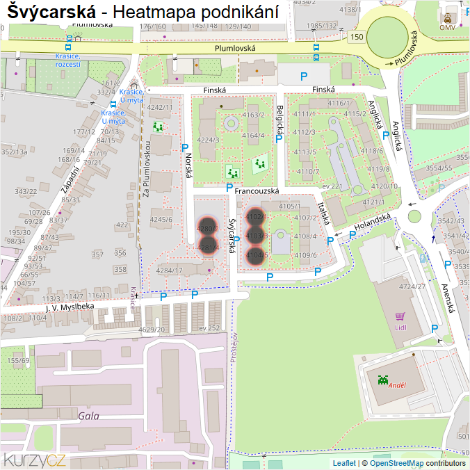 Mapa Švýcarská - Firmy v ulici.