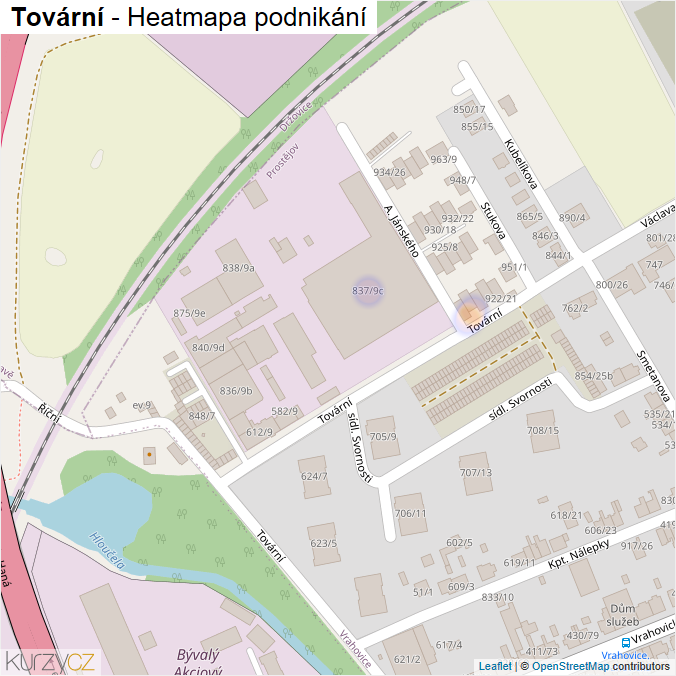 Mapa Tovární - Firmy v ulici.