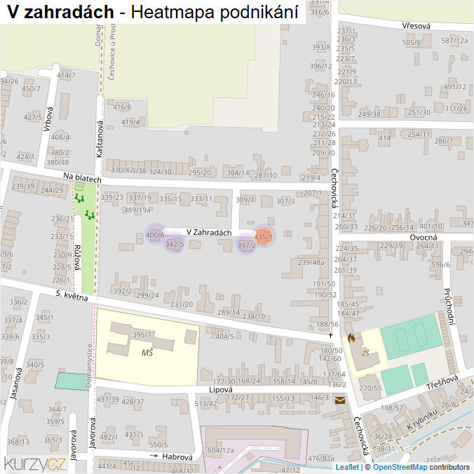 Mapa V zahradách - Firmy v ulici.