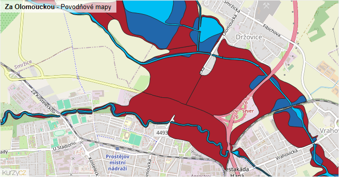 Za Olomouckou - záplavové mapy stoleté vody
