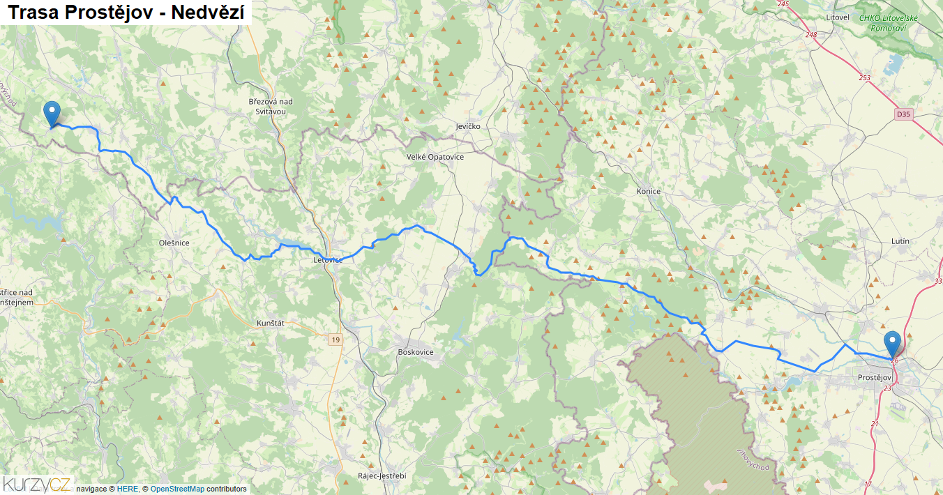 Prostějov-Nedvězí, mapa trasy
