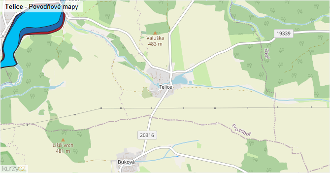 Telice - záplavové mapy stoleté vody