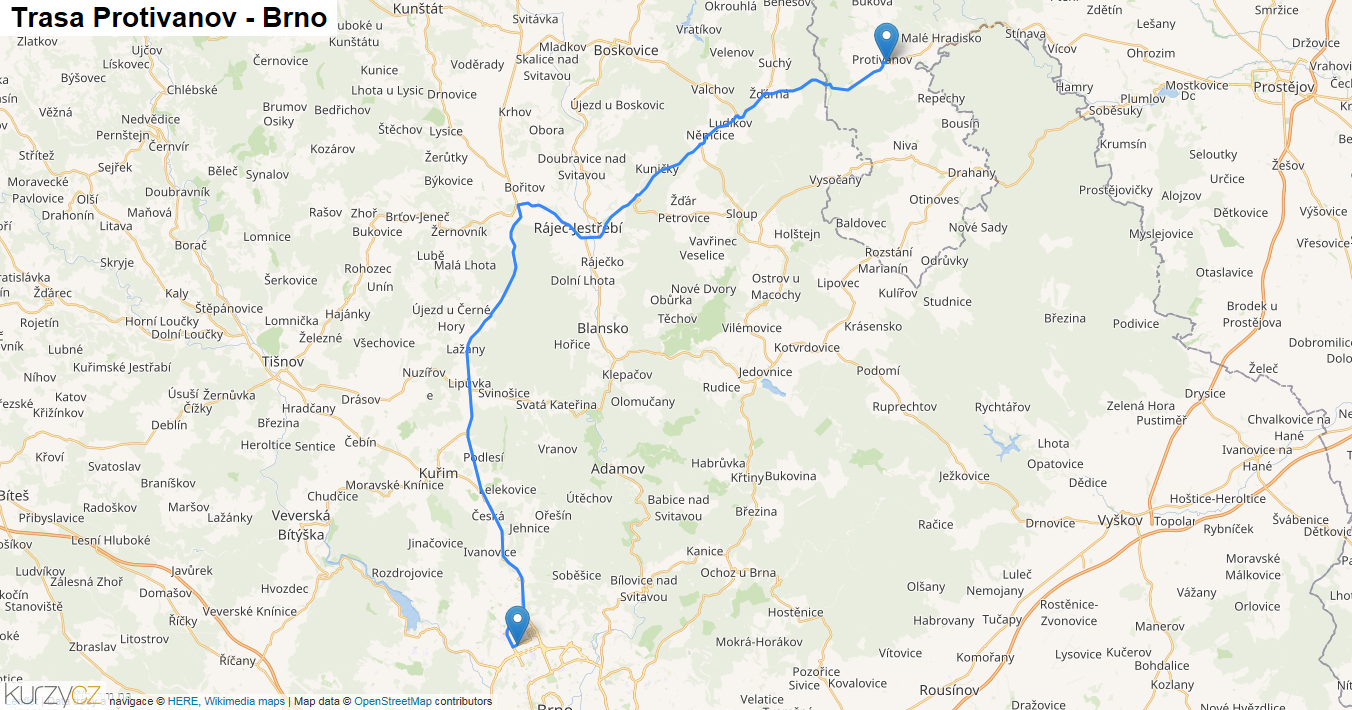 Protivanov-Brno, mapa trasy