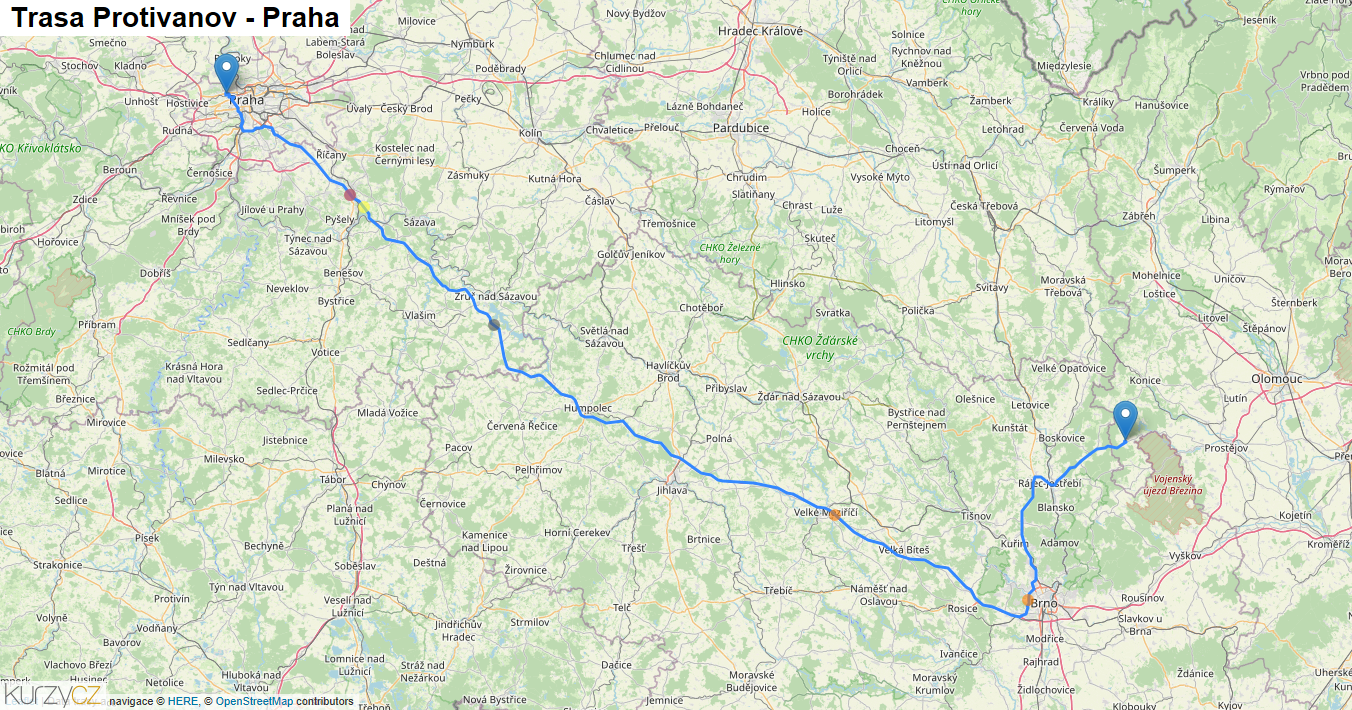 Protivanov-Praha, mapa trasy