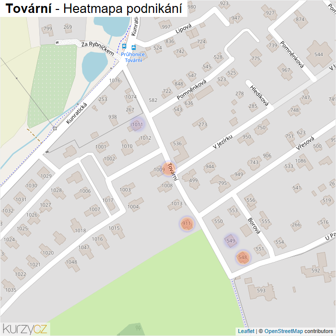 Mapa Tovární - Firmy v ulici.