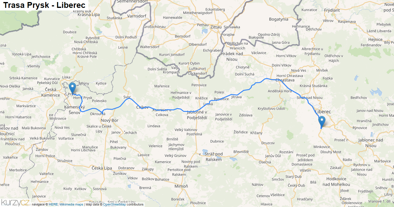 Prysk-Liberec, mapa trasy