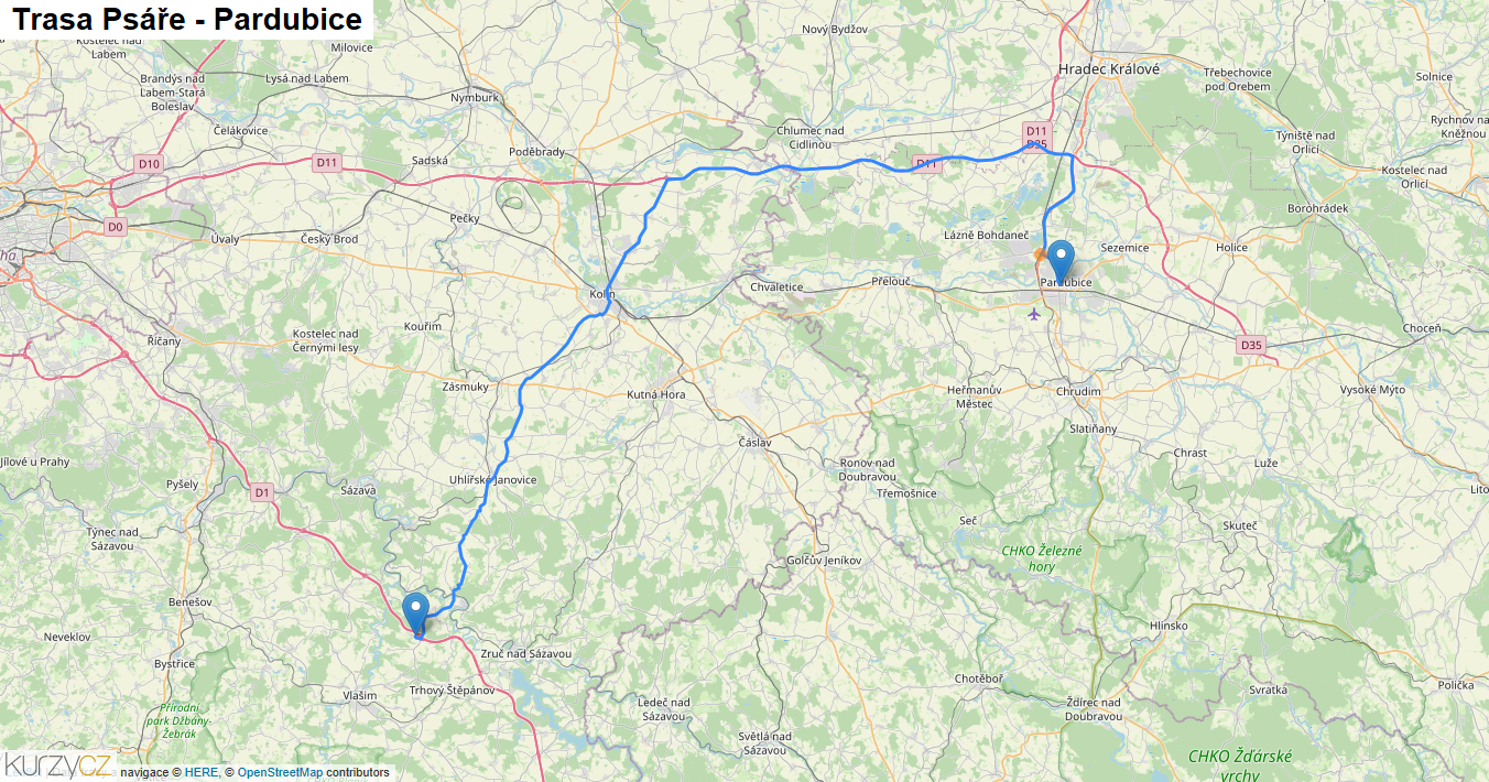 Psáře-Pardubice, mapa trasy